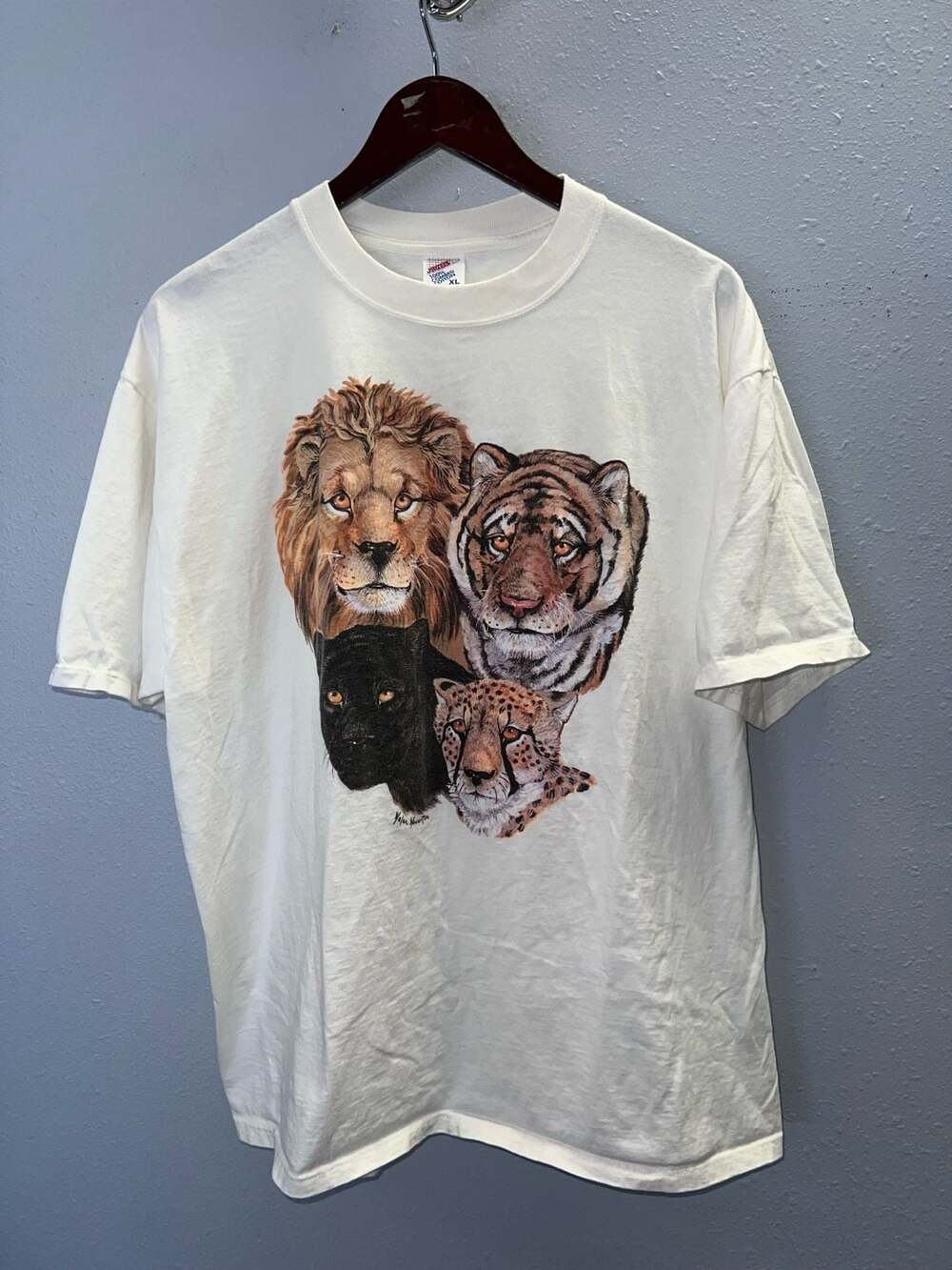 Vintage Big Cats Graphic T Shirt Mens XL White Jerzees USA Helen Howerton 0615